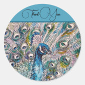青エレガント孔雀ウォーターカラーアートありがとう ラウンドシール (正面)