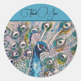 青エレガント孔雀ウォーターカラーアートありがとう ラウンドシール