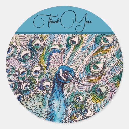 青エレガント孔雀ウォーターカラーアートありがとう ラウンドシール (正面)