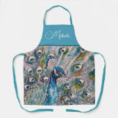 青エレガント孔雀ウォーターカラーアートキッズエプロン エプロン (正面)