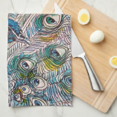 青エレガント孔雀ウォーターカラーアートキッズエプロン キッチンタオル (四つ折り)
