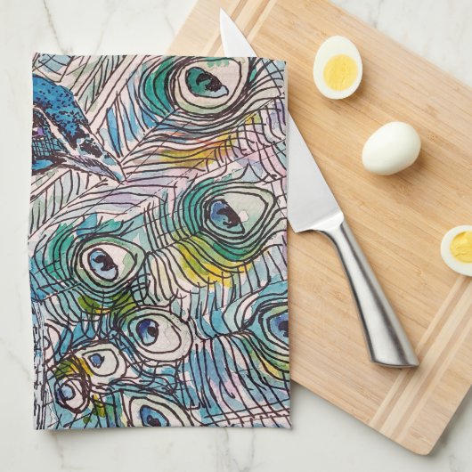 青エレガント孔雀ウォーターカラーアートキッズエプロン キッチンタオル (四つ折り)