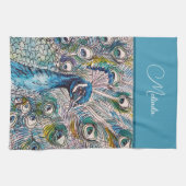青エレガント孔雀ウォーターカラーアートキッズエプロン キッチンタオル (横)