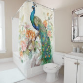 青エレガント孔雀ピンクの花 シャワーカーテン (インサイチュ)