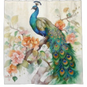 青エレガント孔雀ピンクの花 シャワーカーテン (正面)