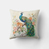 青エレガント孔雀ピンク花クリーム クッション (裏面)