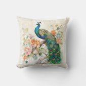 青エレガント孔雀ピンク花クリーム クッション (正面)