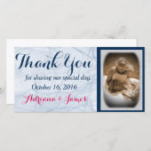 青エレガント字結婚の写真サンキューカード サンキューカード (正面/裏面)