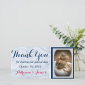 青エレガント字結婚の写真サンキューカード サンキューカード (スタンド正面)