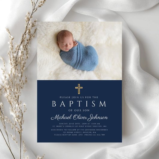 青エレガント宗教十字少年バプテスマ写真 招待状