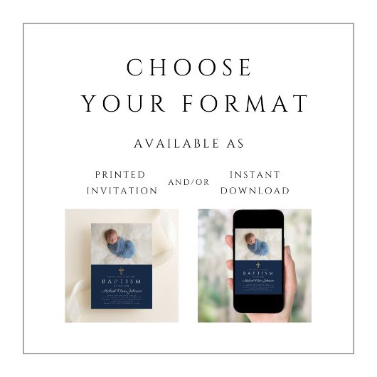 青エレガント宗教十字少年バプテスマ写真 招待状