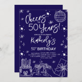 青エレガント応援50年誕生日 招待状 (正面/裏面)