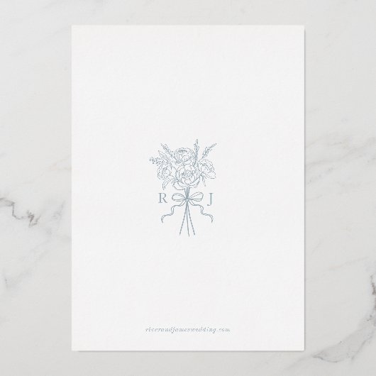 青エレガント手引きリボン日付を保存 箔招待状 (裏面)