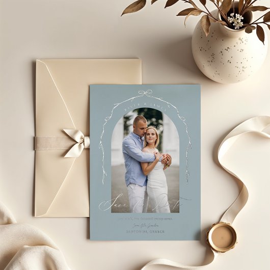 青エレガント手引きリボン日付を保存 箔招待状