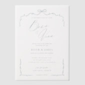 青エレガント手引き弓とリボン結婚 ベラム紙招待状 (正面)