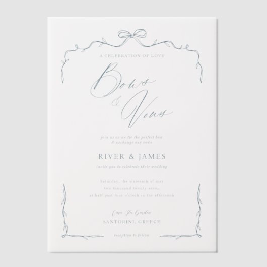 青エレガント手引き弓とリボン結婚 ベラム紙招待状 (正面)