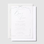 青エレガント手引き弓とリボン結婚 ベラム紙招待状 (オフセット)