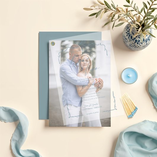 青エレガント手引き弓とリボン結婚 ベラム紙招待状