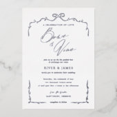 青エレガント手引き弓とリボン結婚 箔招待状 (正面)