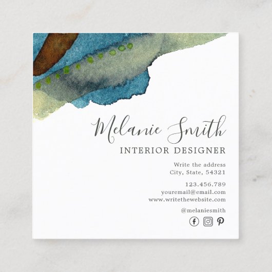 青エレガント抽象芸術水色インテリア設計者 スクエア名刺 (裏面)