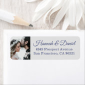 青エレガント文字写真の結婚差出人住所 ラベル (インサイチュ)