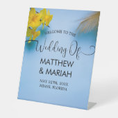 青エレガント書写真の結婚歓迎 台座サイン (正面)