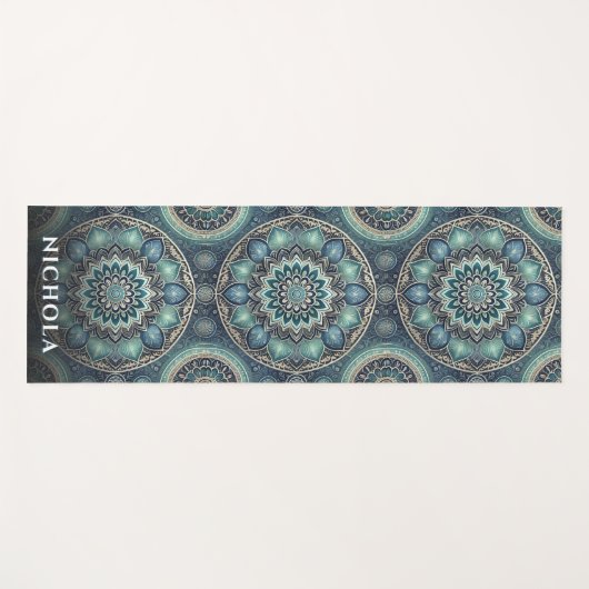 青エレガント曼荼羅のパタパーソナライズされたーン ヨガマット (正面(横))