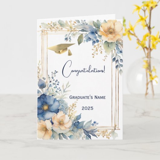 青エレガント桃の花パーソナライズされた卒業 カード (黄色い花)