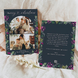 青エレガント桃色の葉2フォトクリスマスカード シーズンカード