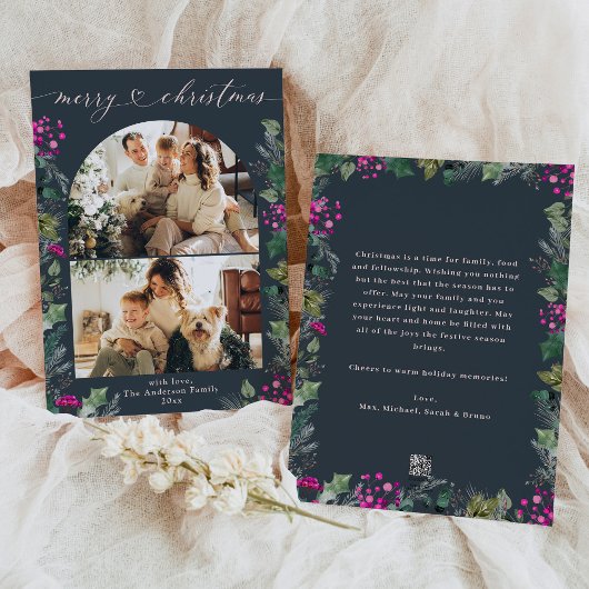 青エレガント桃色の葉2フォトクリスマスカード シーズンカード