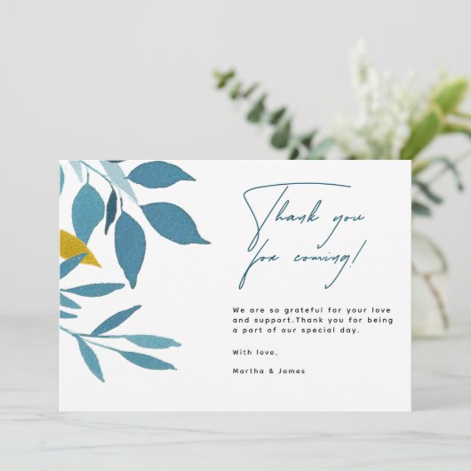 青エレガント植物学結婚サンキューカード サンキューカード (スタンド正面)