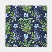 青エレガント植物水彩花模様 マグネット (正面)