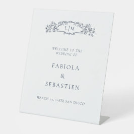 青エレガント植物紋章モノグラム歓迎サイン 台座サイン