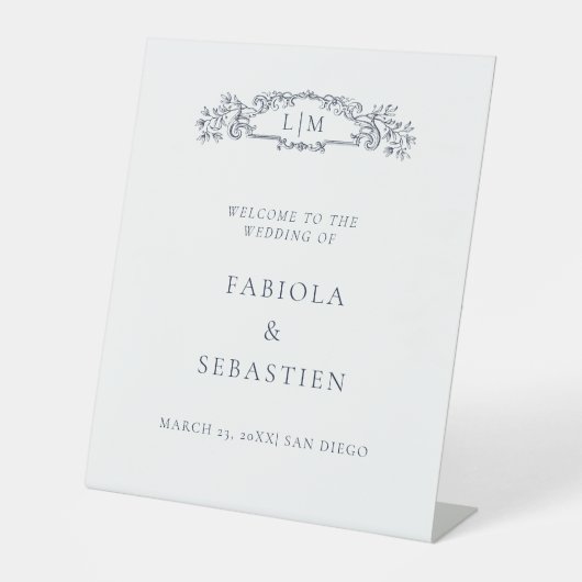 青エレガント植物紋章モノグラム歓迎サイン 台座サイン (正面)