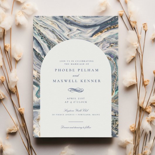 青エレガント水カラー海渦結婚の 招待状