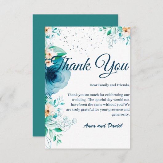 青エレガント水彩花結婚の サンキューカード (正面/裏面)