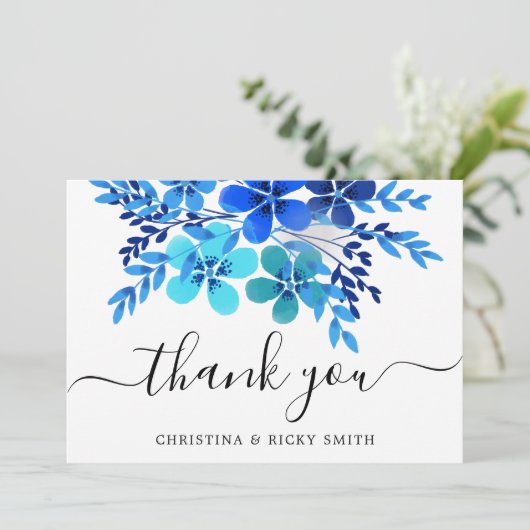 青エレガント水彩花結婚の サンキューカード (スタンド正面)