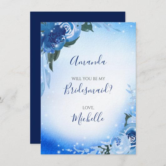 青エレガント水王室の色フローラ花嫁 招待状 (正面/裏面)