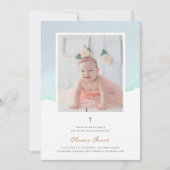 青エレガント水色と写真バプテスマ 招待状 (正面)