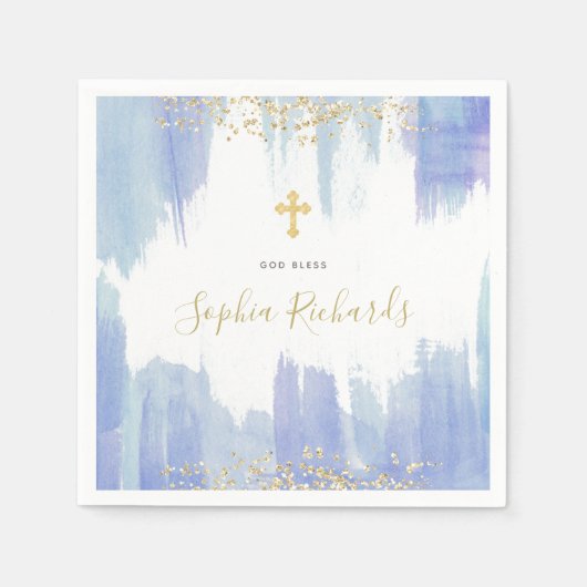 青エレガント水色と金ゴールド |バプテスマ スタンダードカクテルナプキン (正面)