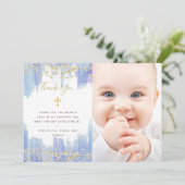 青エレガント水色と金ゴールド |写真バプテスマ サンキューカード (スタンド正面)