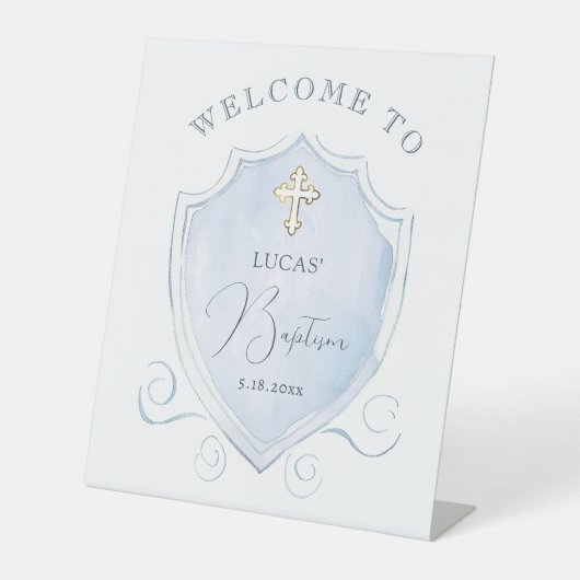 青エレガント水色クレストバプティスウェルカム 台座サイン (正面)