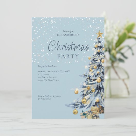 青エレガント水色ツリークリスマスパーティー シーズンカード (スタンド正面)