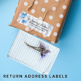 青エレガント水色バタフライ差出人住所 ラベル