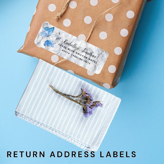 青エレガント水色バタフライ差出人住所 ラベル