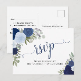 青エレガント水色バラ結婚式RSVP ポストカード