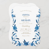 青エレガント水色フローラチノイスリー結婚ズ 招待状 (正面/裏面)