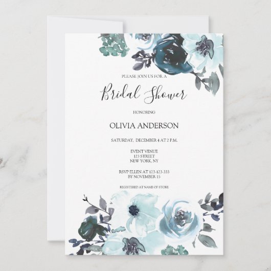 青エレガント水色フローラブライダルシャワー 招待状 (正面)