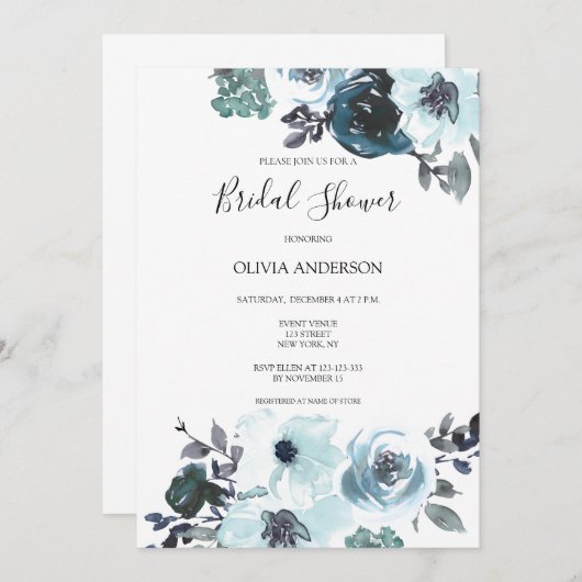 青エレガント水色フローラブライダルシャワー 招待状 (正面/裏面)
