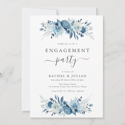 青エレガント水色フローラ婚約パーティ 招待状 (正面)